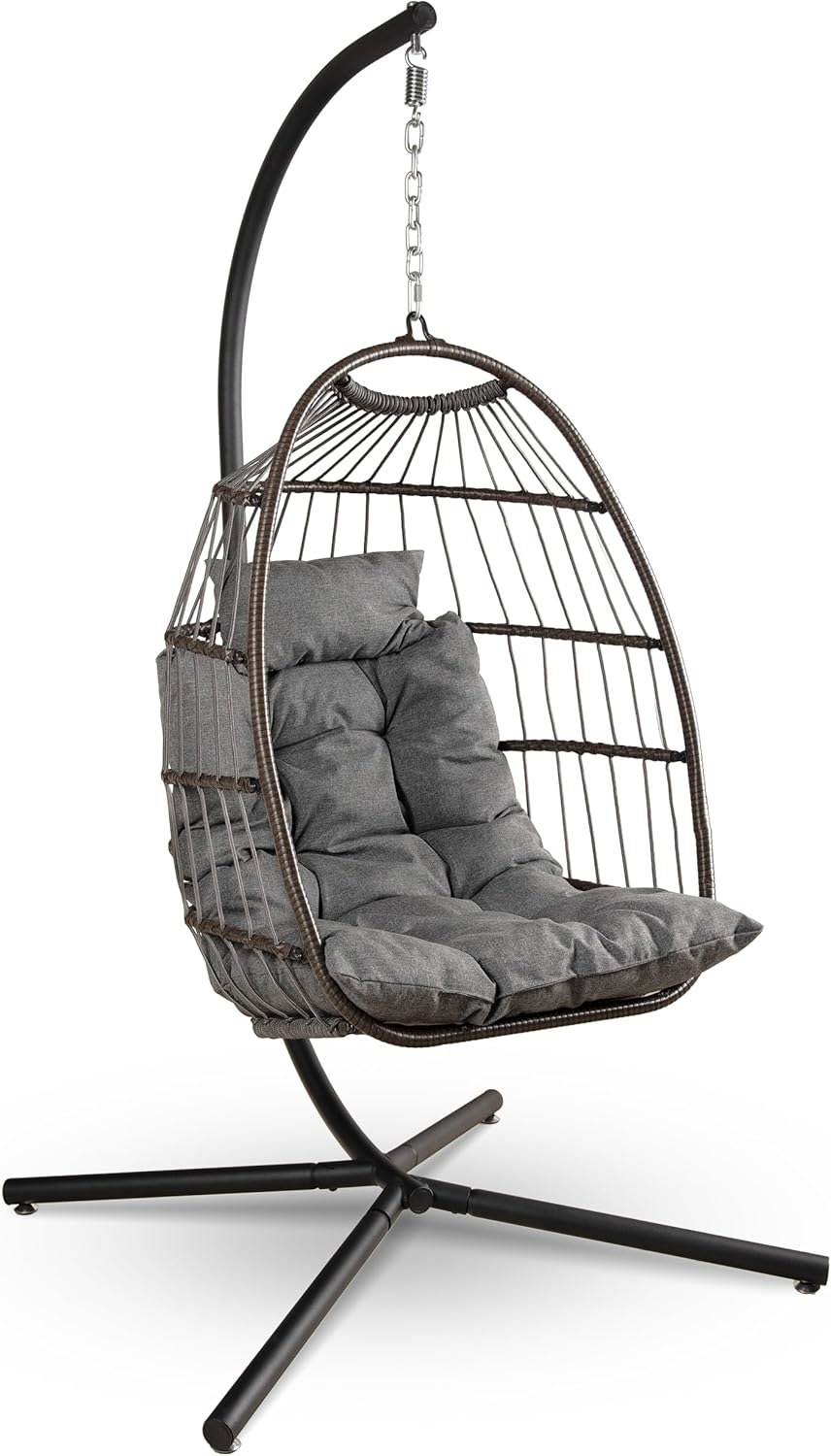 Sedia sospesa SereneLife, con cuscino, acciaio, rattan, per giardino e terrazzo
