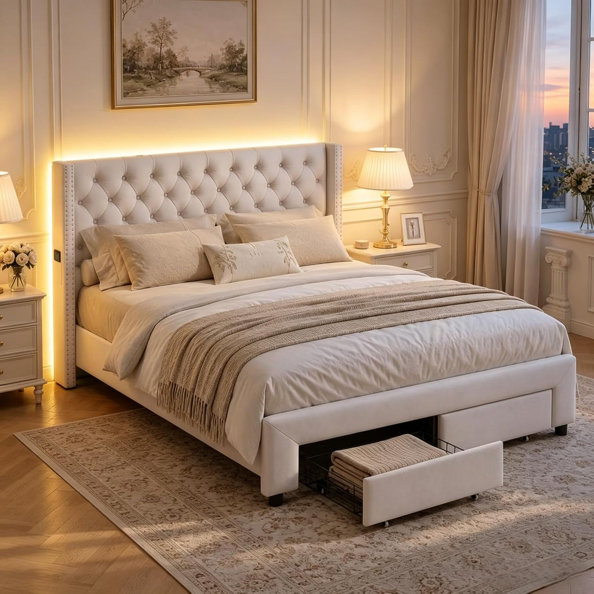 Letto BRILVERDE, 160 × 200 cm, Beige, 2 cassetti, matrimoniale, con contenitore, con rete a doghe, imbottito, velluto, con testiera