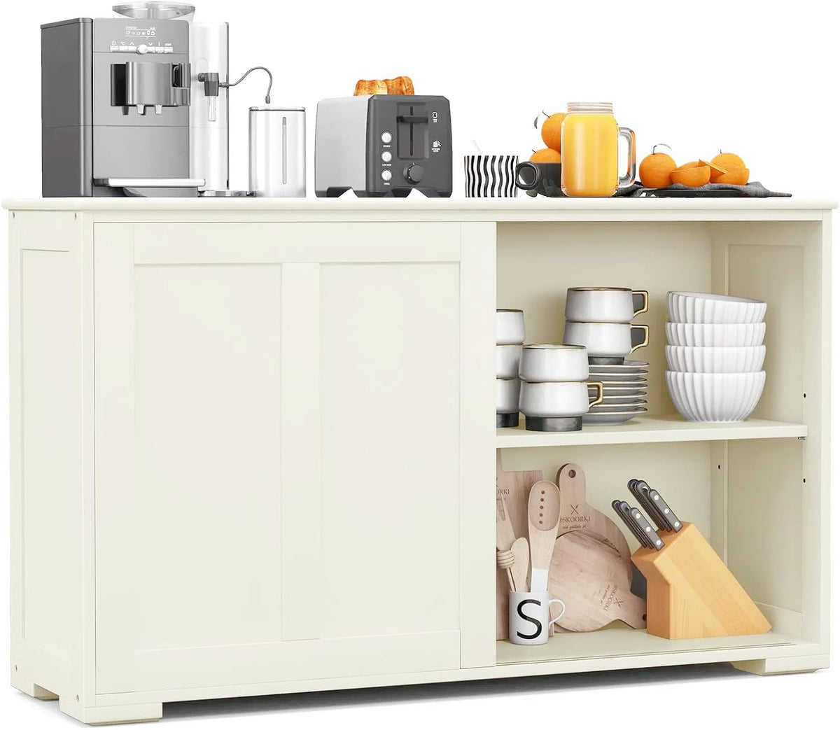 KOMFOTTEU Credenza, 107 × 33 × 60cm, Crema, MDF, regolabile, con ante scorrevoli, per soggiorno e sala da pranzo