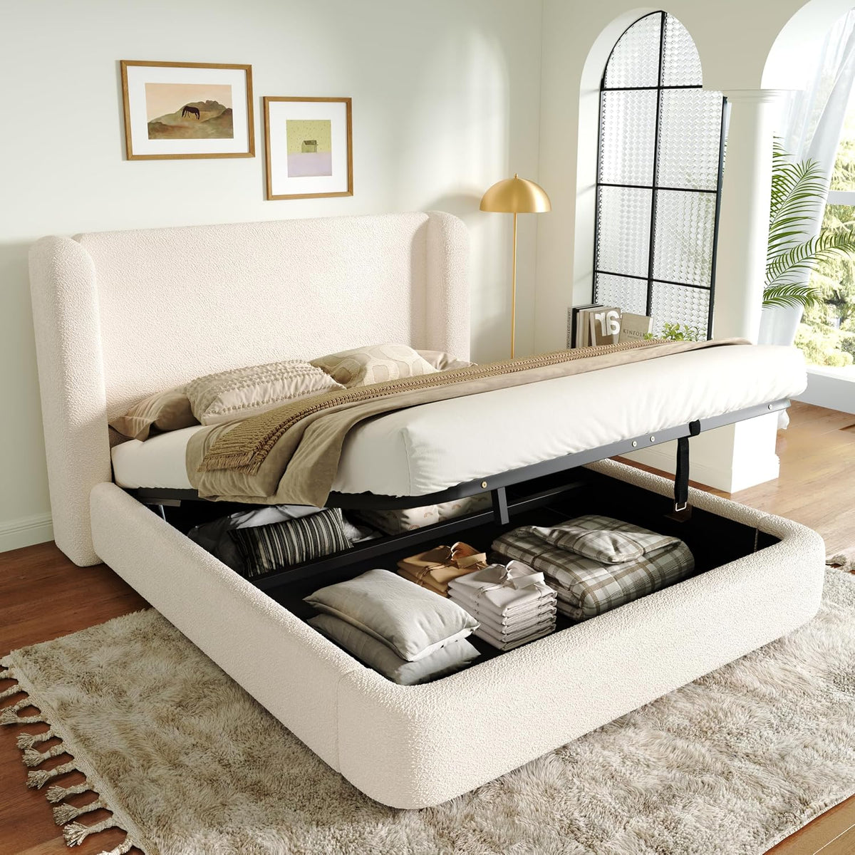 Letto Goldicoo, 160 × 200 cm, Beige, matrimoniale, con rete a doghe, imbottito, metallo, per camera da letto