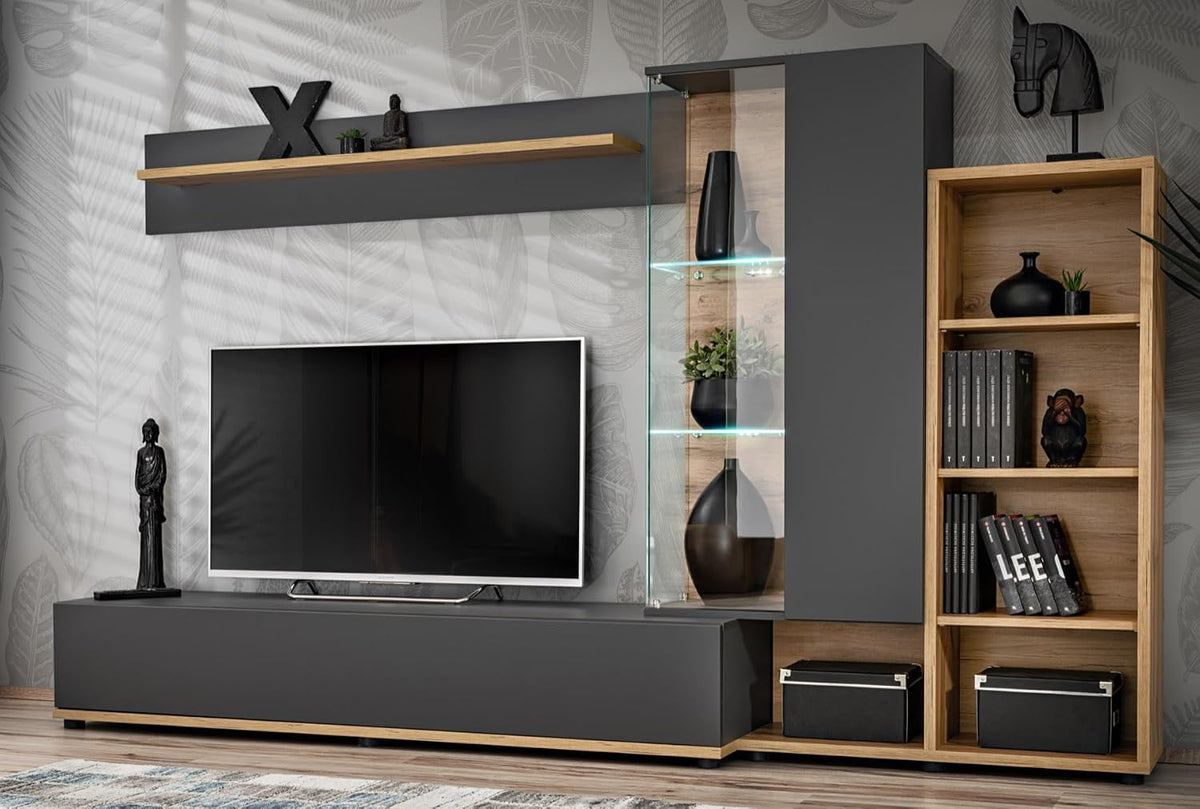 Parete attrezzata ARREDO DA CASA, PAP147, LED 1, 5 ripiani, Rovere/Antracite, con illuminazione LED, per soggiorno