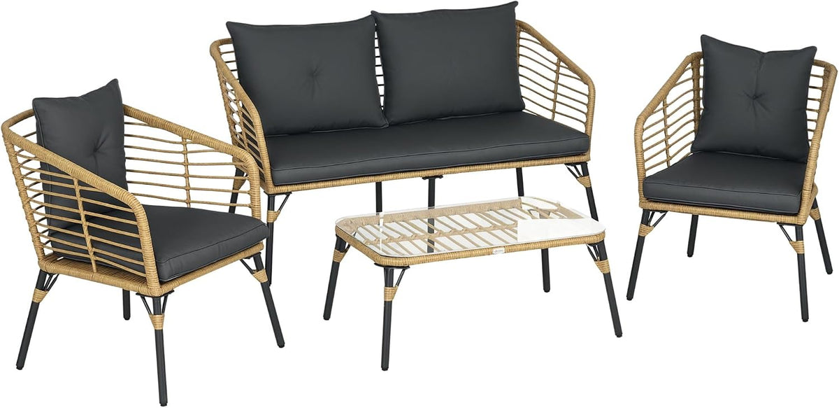 Outsunny Set di mobili da giardino, 4 pezzi, Marrone/Grigio scuro, rattan, per giardino e terrazzo