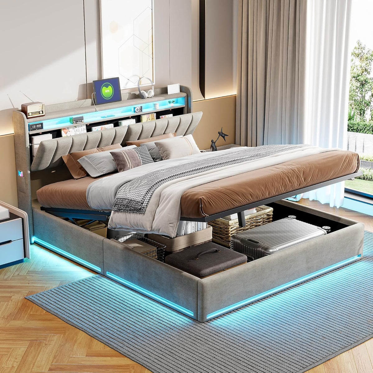 Letto LSFYYDS, 140 × 200 cm, Grigio, matrimoniale, con contenitore, con rete a doghe, imbottito, legno, velluto, materasso non incluso