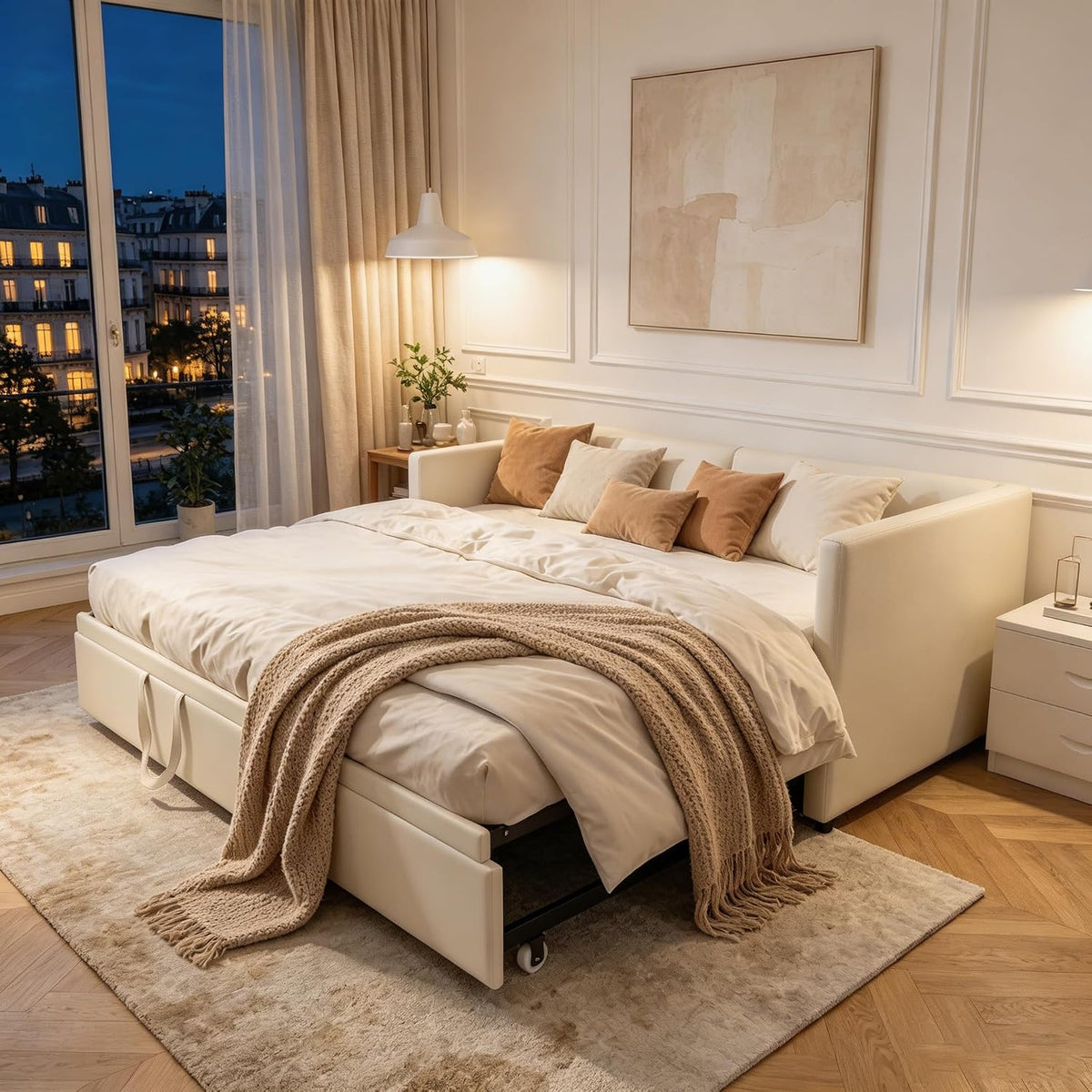 EZSSW Divano letto, matrimoniale, 2 in 1, 180 × 200 cm, Beige, velluto, tessuto, con rete a doghe, imbottito, materasso non incluso, per soggiorno