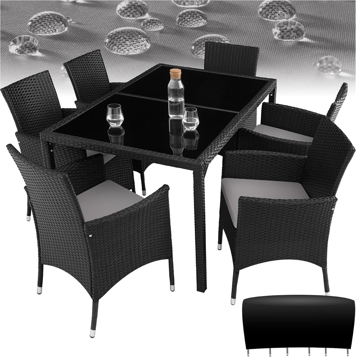 tectake Set da pranzo, Nero/Grigio, 6 sedie, rattan, plastica, per giardino e terrazzo