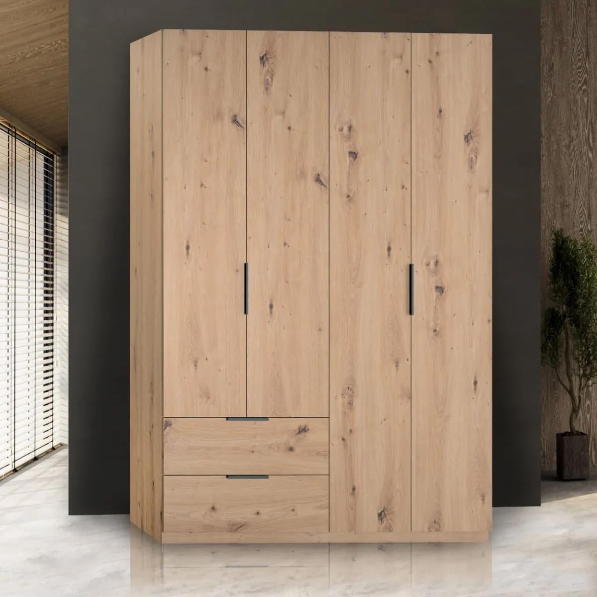 Bissolo Casa Armadio, 4 ante, 2 cassetti, 162,2 × 58,2 × 200 cm, Rovere, metallo, per camera da letto