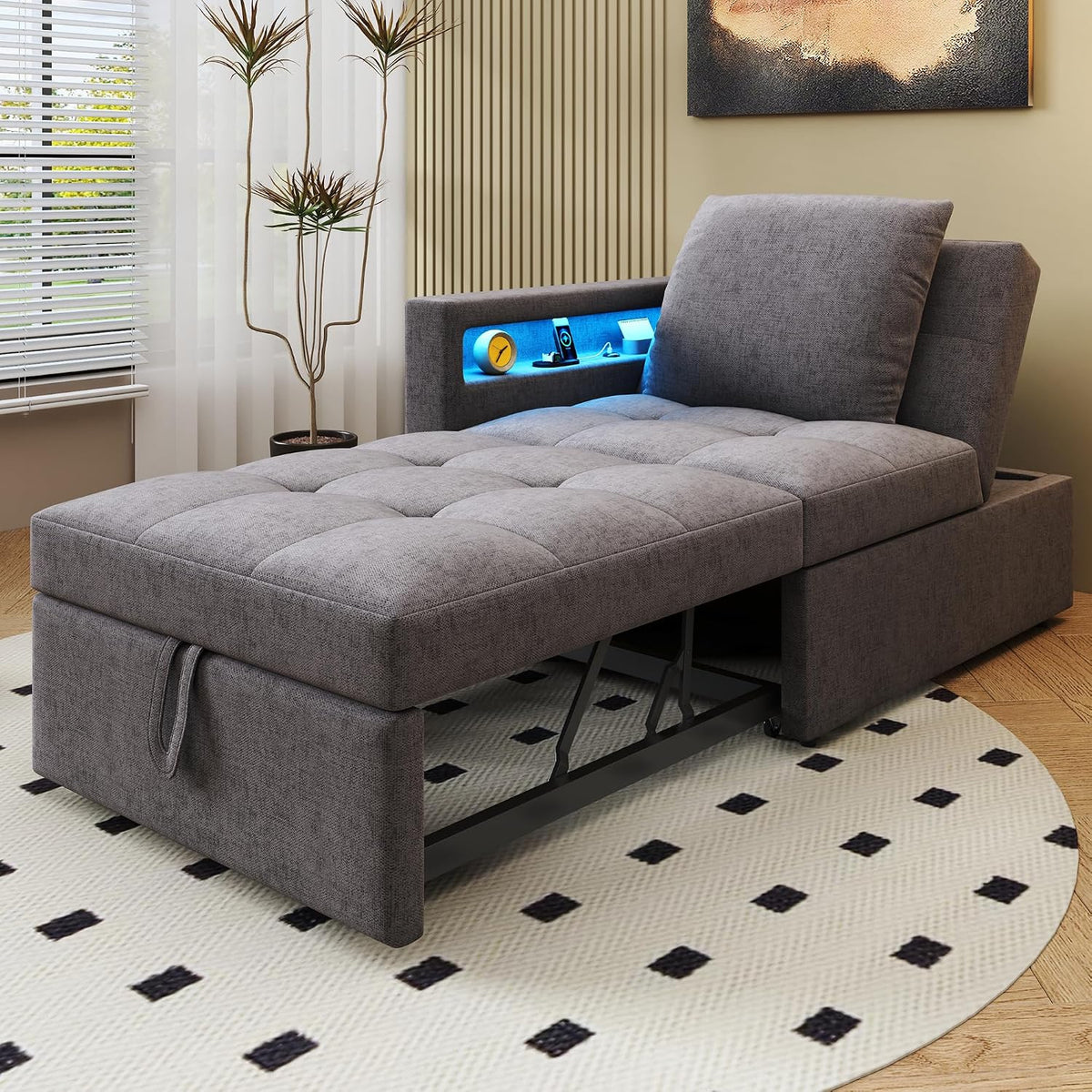 Divano letto Oxtao, 3 in 1, lino, Grigio, trasformabile, con funzione letto, regolabile, con braccioli, con porta USB, per soggiorno