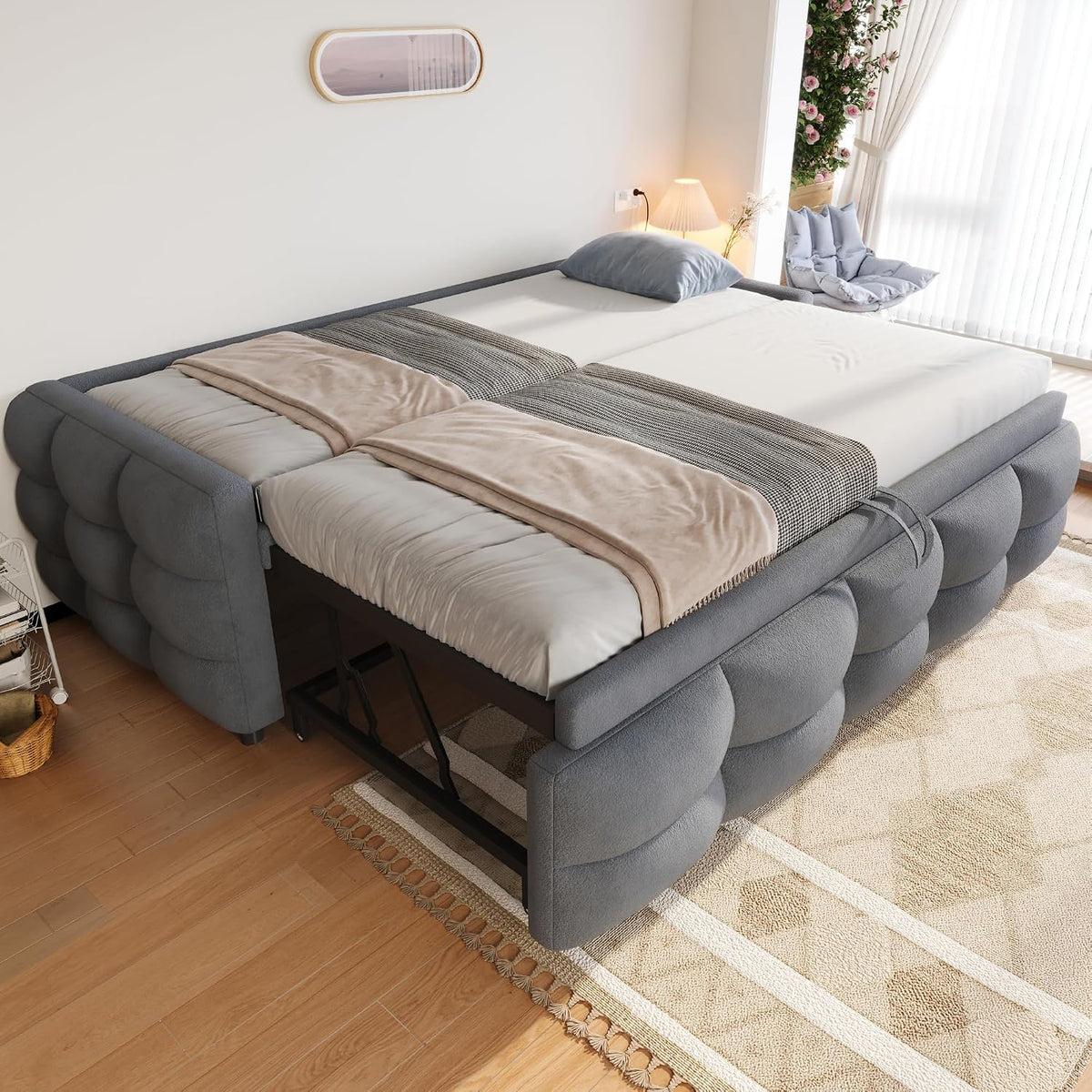 YuQozii Divano letto estensibile 90/180 × 190 cm, Grigio, velluto Teddy, rete a doghe, senza materasso