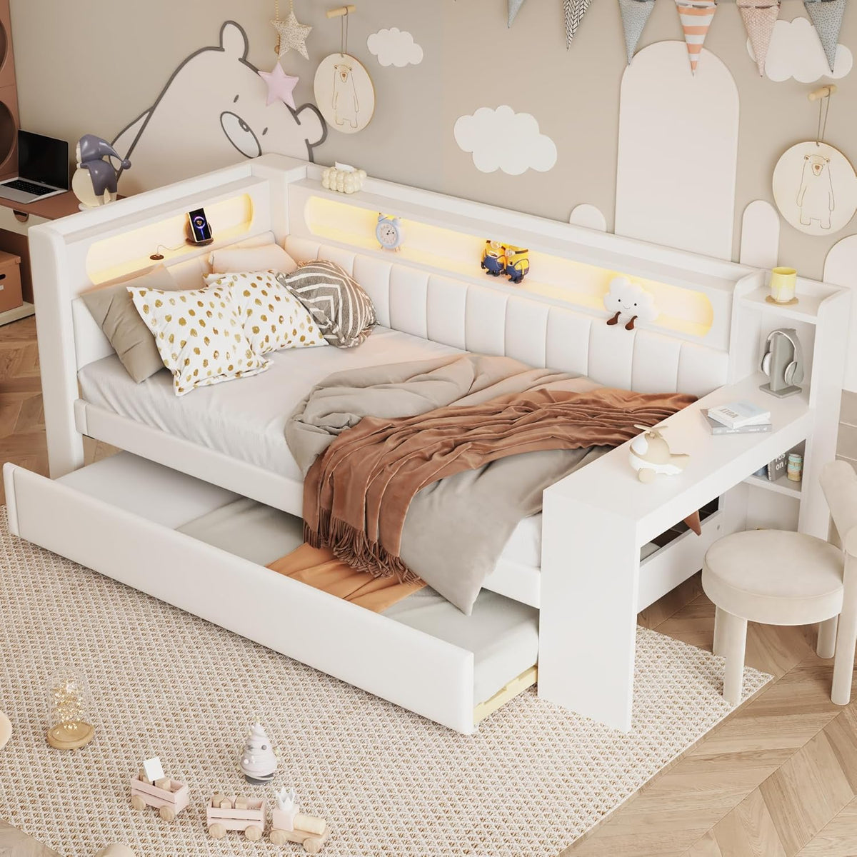 Kuczn Letto, 90 × 200 cm, legno, con porta USB, imbottito, per camera da letto
