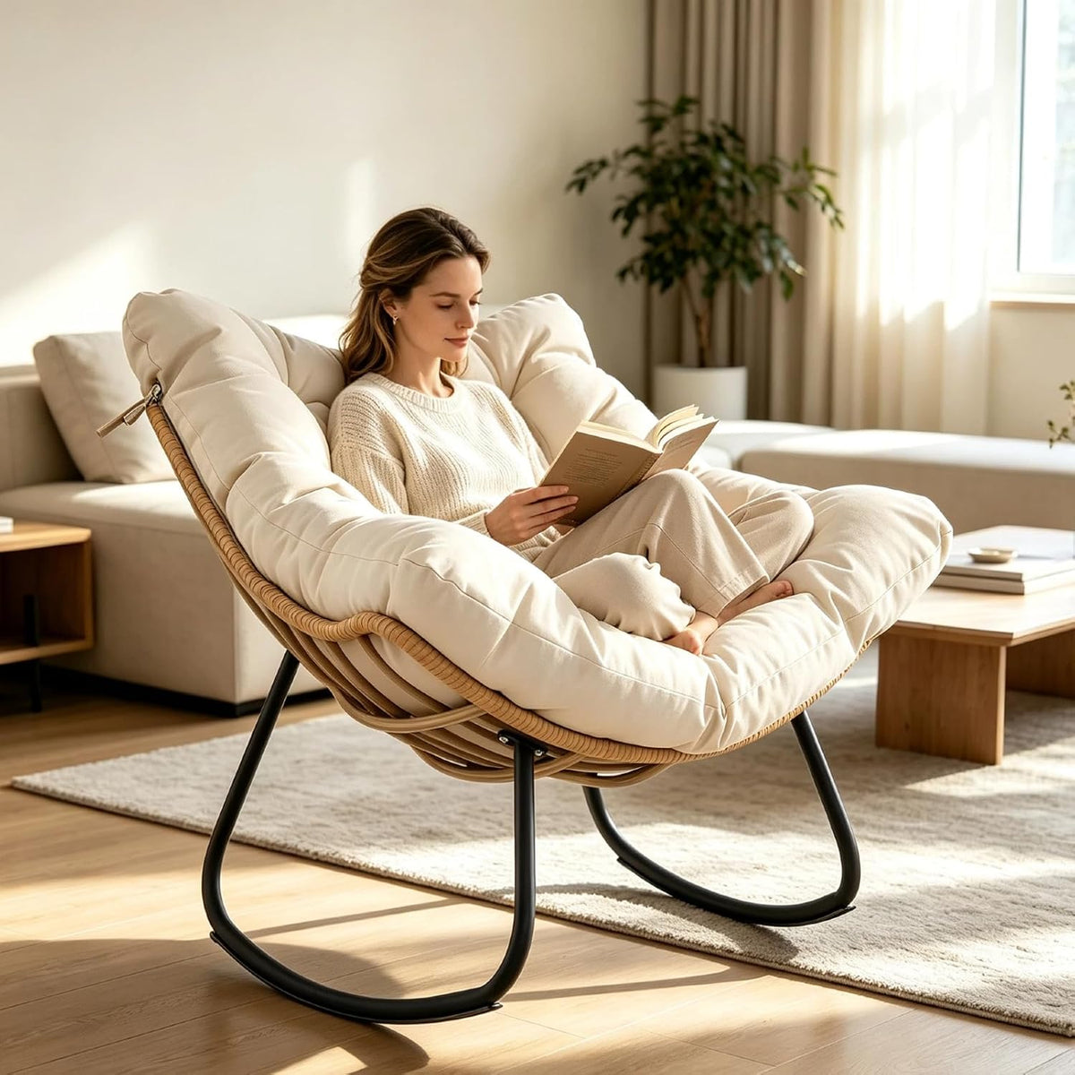 Sedia a dondolo COSTWAY, 116 × 88 × 92 cm, metallo, rattan, Beige, con cuscino, per giardino e terrazzo