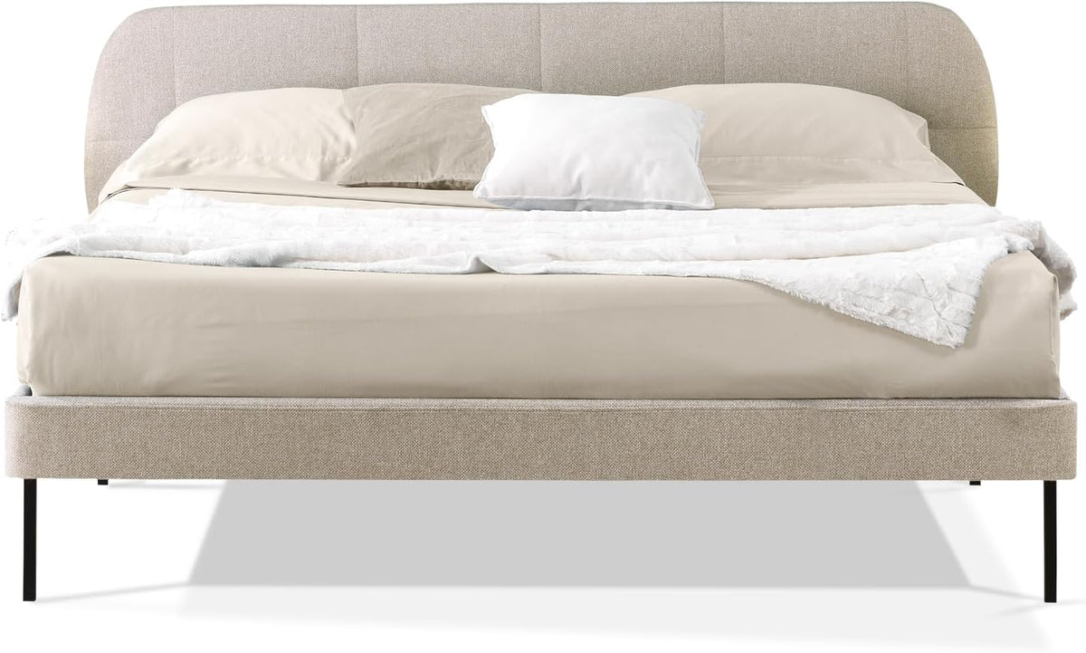 EVERGREENWEB Madrid Letto matrimoniale 160 × 200 cm Beige, 12 doghe in legno, testiera trapuntata, 6 piedi, tessuto