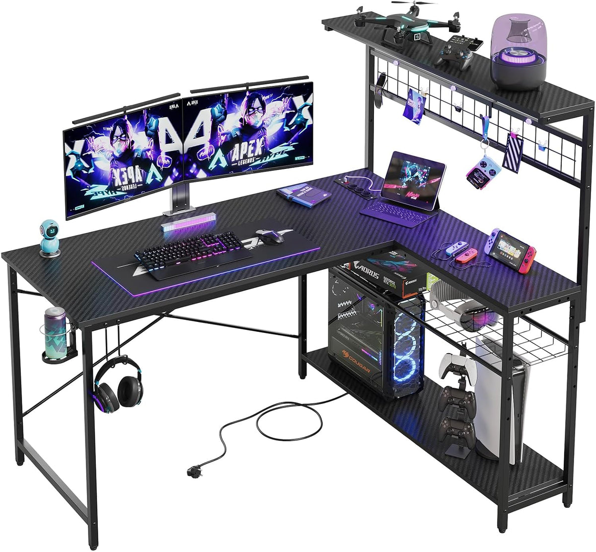 Bestier Scrivania, 4 ripiani, 130 cm, con illuminazione LED, per ufficio