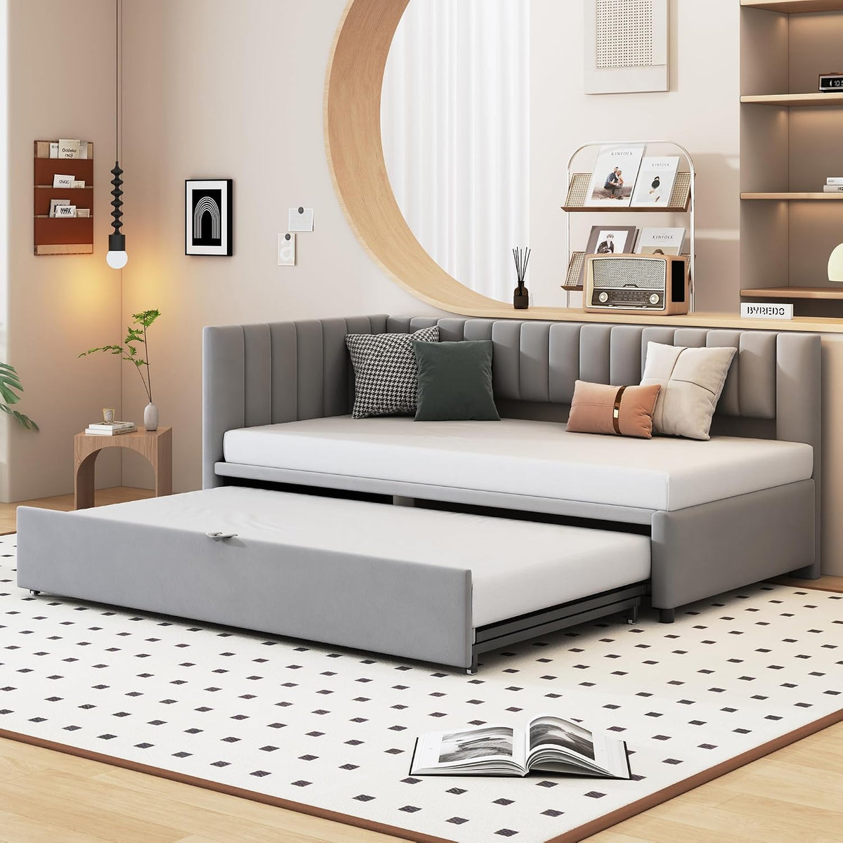 Divano letto NovaFurnish, Grigio, 180 × 200 cm, velluto, tessuto, imbottito, per soggiorno