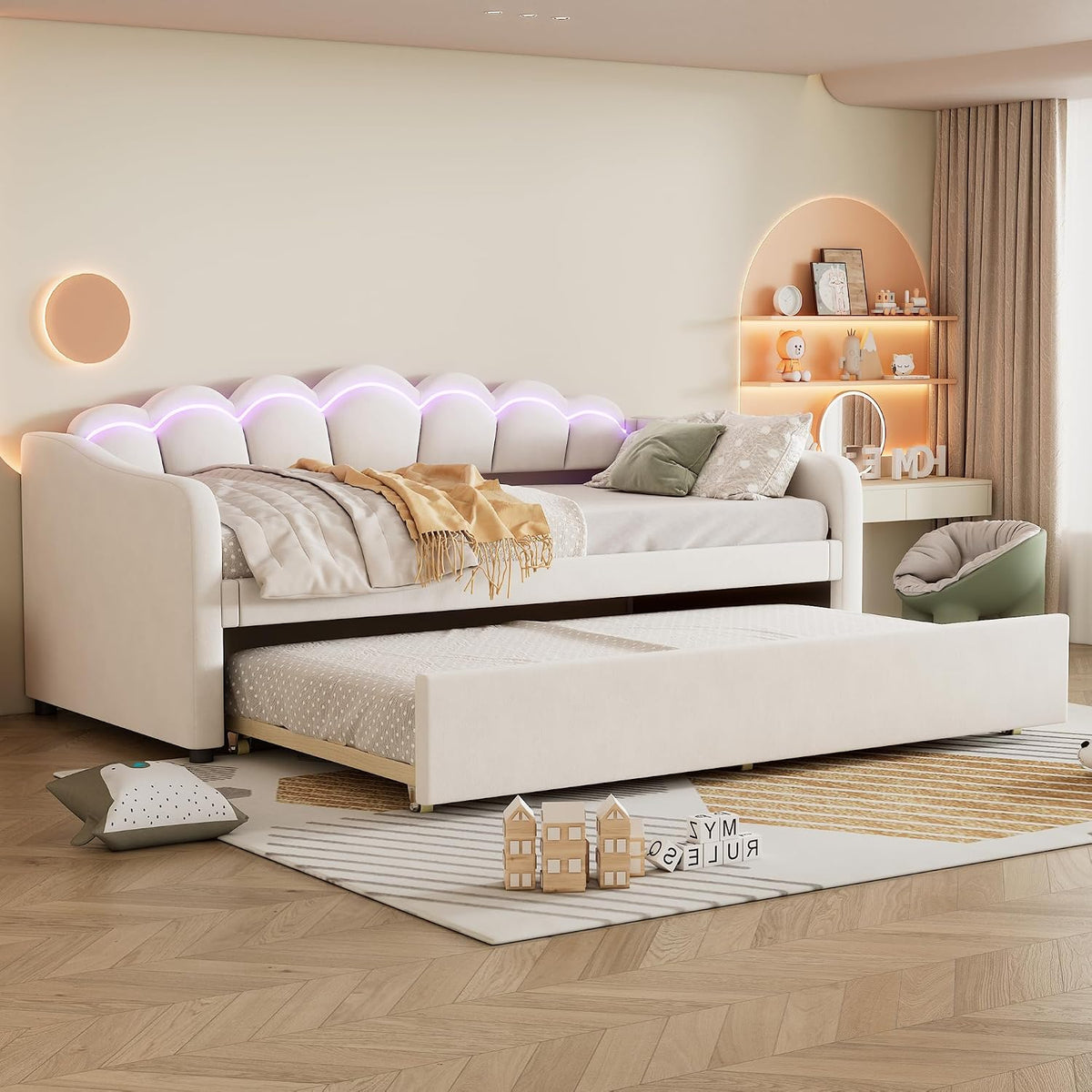 Letto KUAKE, singolo, 90 × 200 cm, velluto, Beige, regolabile, allungabile, con ruote, per camera da letto