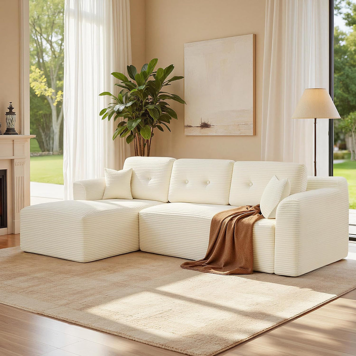 VASAGLE Divano angolare, LCS183WD01, 244 cm, Bianco/Crema, velluto, per soggiorno
