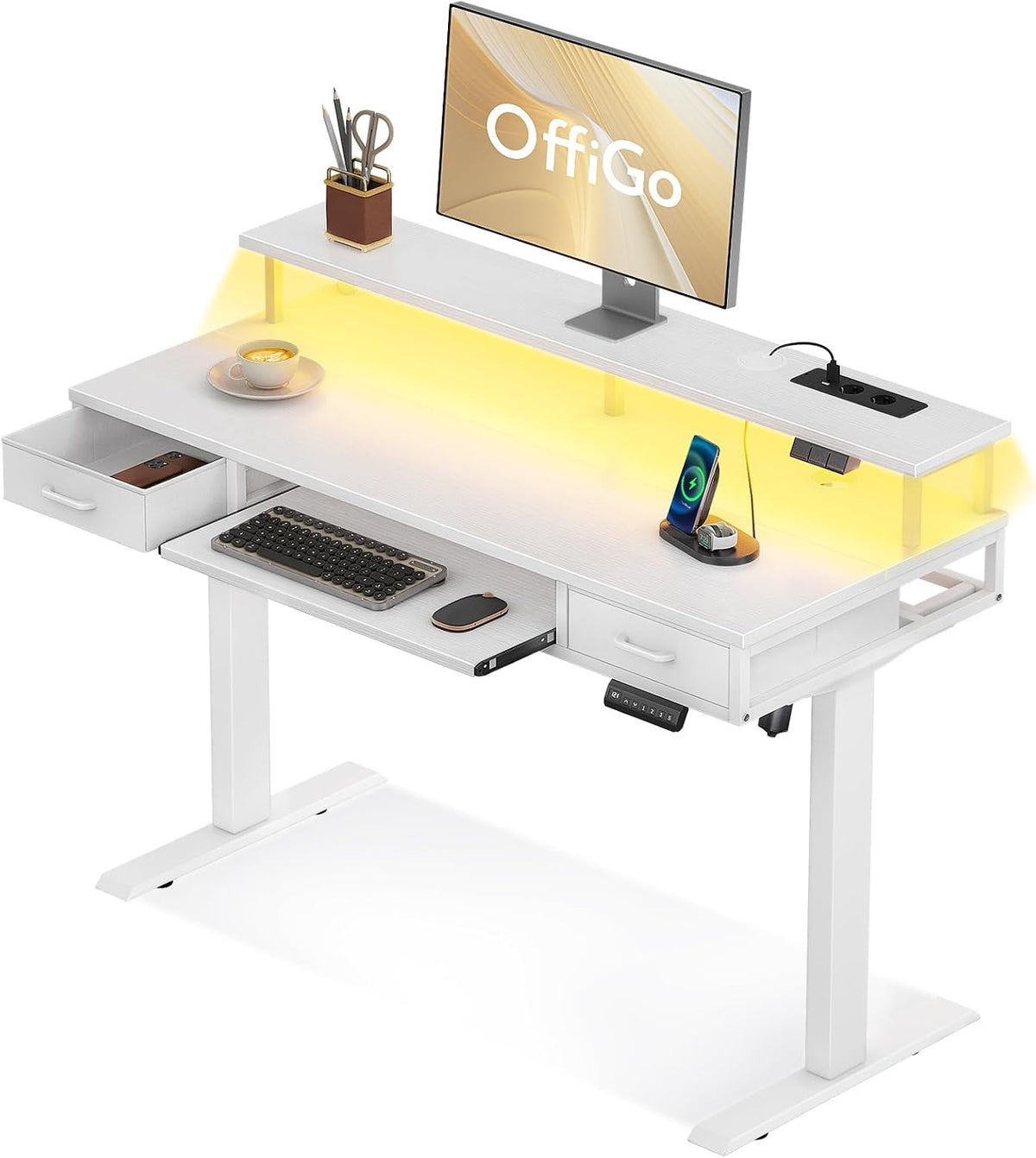 Scrivania OffiGo, 120 cm, Bianco, 2 cassetti, regolabile, legno, per ufficio