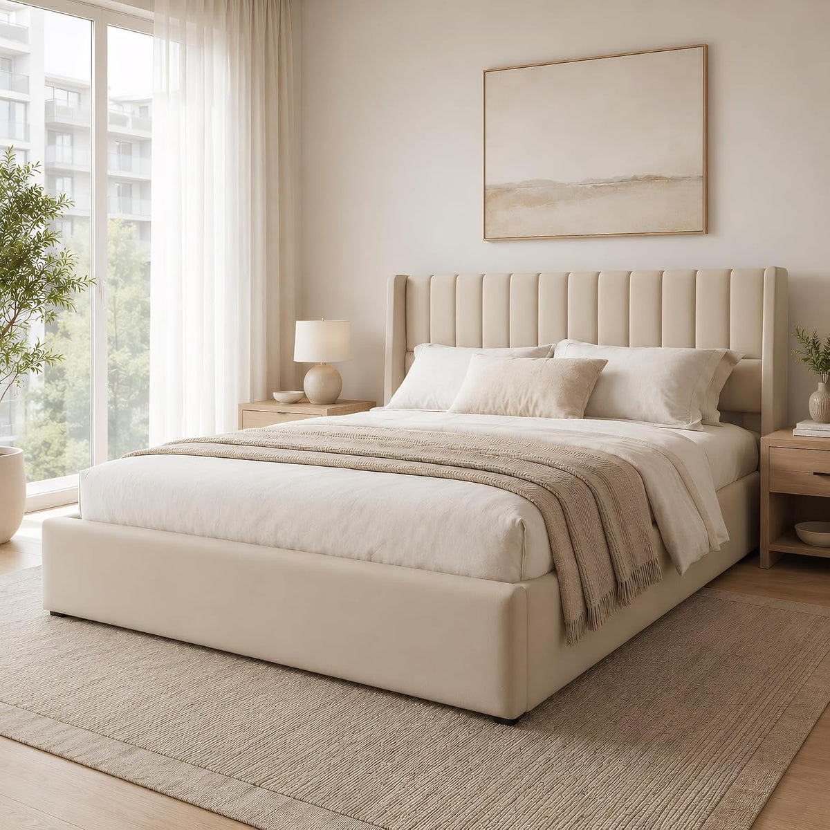 Letto BRILVERDE, matrimoniale, Beige, 160 × 200 cm, lino, con testiera, con contenitore, con rete a doghe, imbottito, per camera da letto