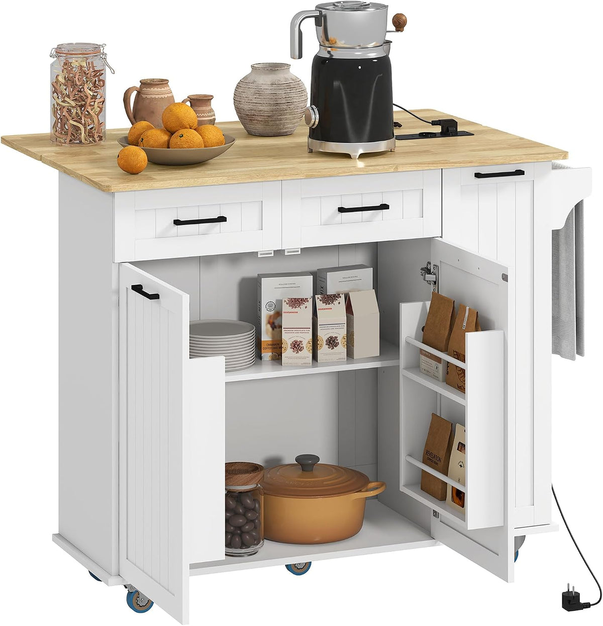 HOMCOM Isola da cucina, Bianco, 2 cassetti, con ruote, con porta USB, legno, per sala da pranzo e cucina