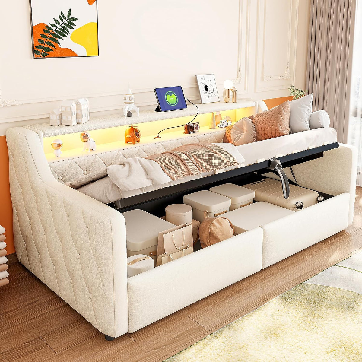 Divano letto KecDuey, 90 × 200 cm, Beige, con rete a doghe, imbottito, MDF, per soggiorno