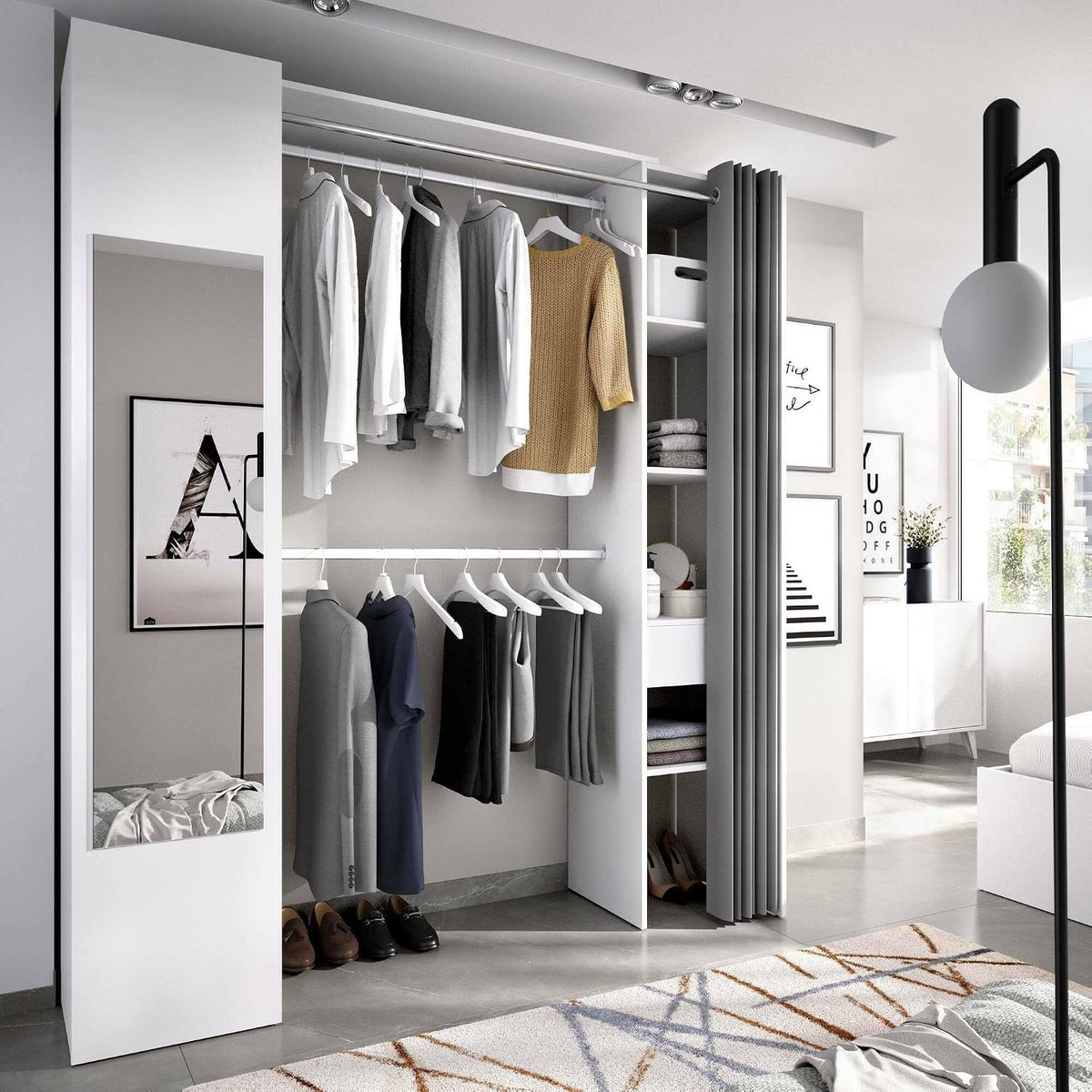 Armadio guardaroba Dmora, 8 ripiani, Bianco, 52 × 205 cm, per camera da letto