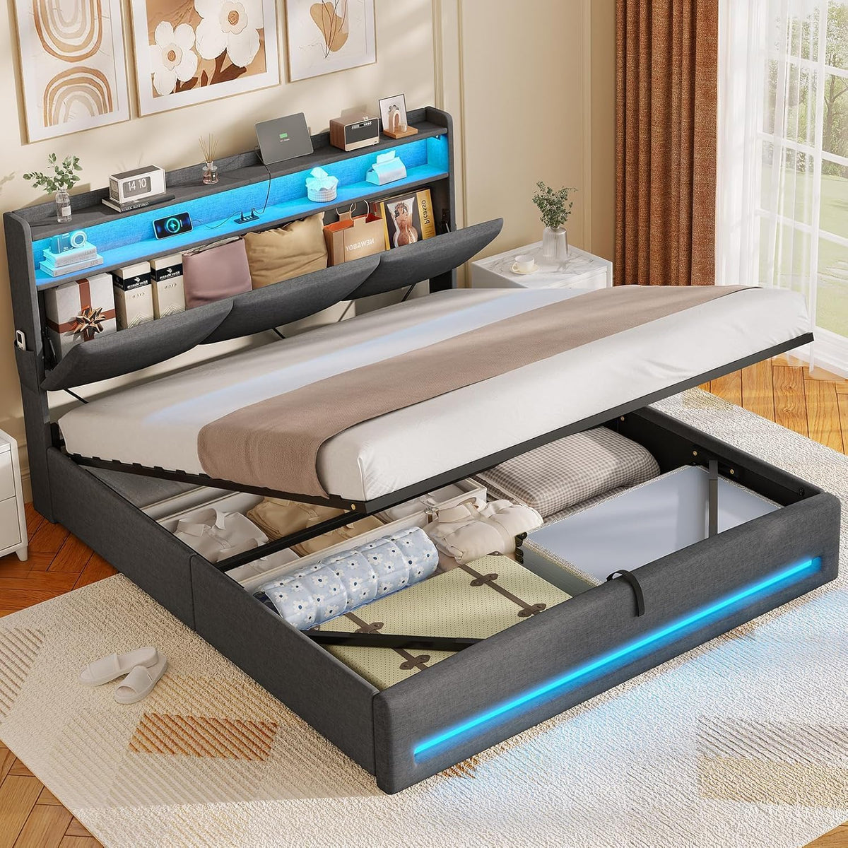 Letto AOGLLATI, matrimoniale, Grigio scuro, 140 × 190 cm, con contenitore, con illuminazione LED, con porta USB, imbottito, per camera da letto