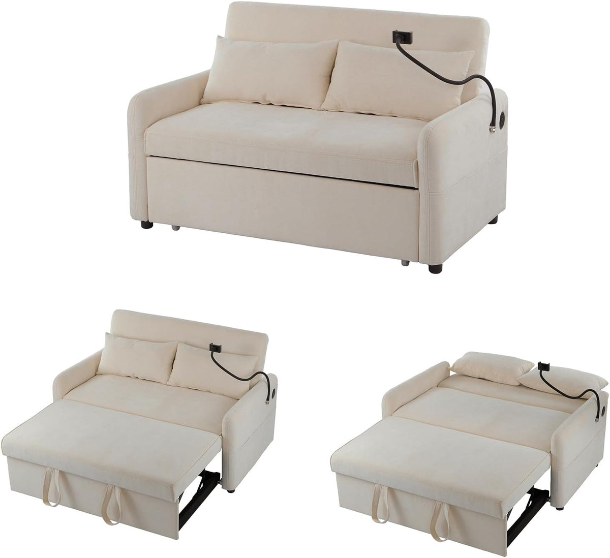 Divano letto Billg, trasformabile, regolabile, pieghevole, con porta USB, 2 posti, 3 in 1, ciniglia, tessuto, con cuscini, per soggiorno