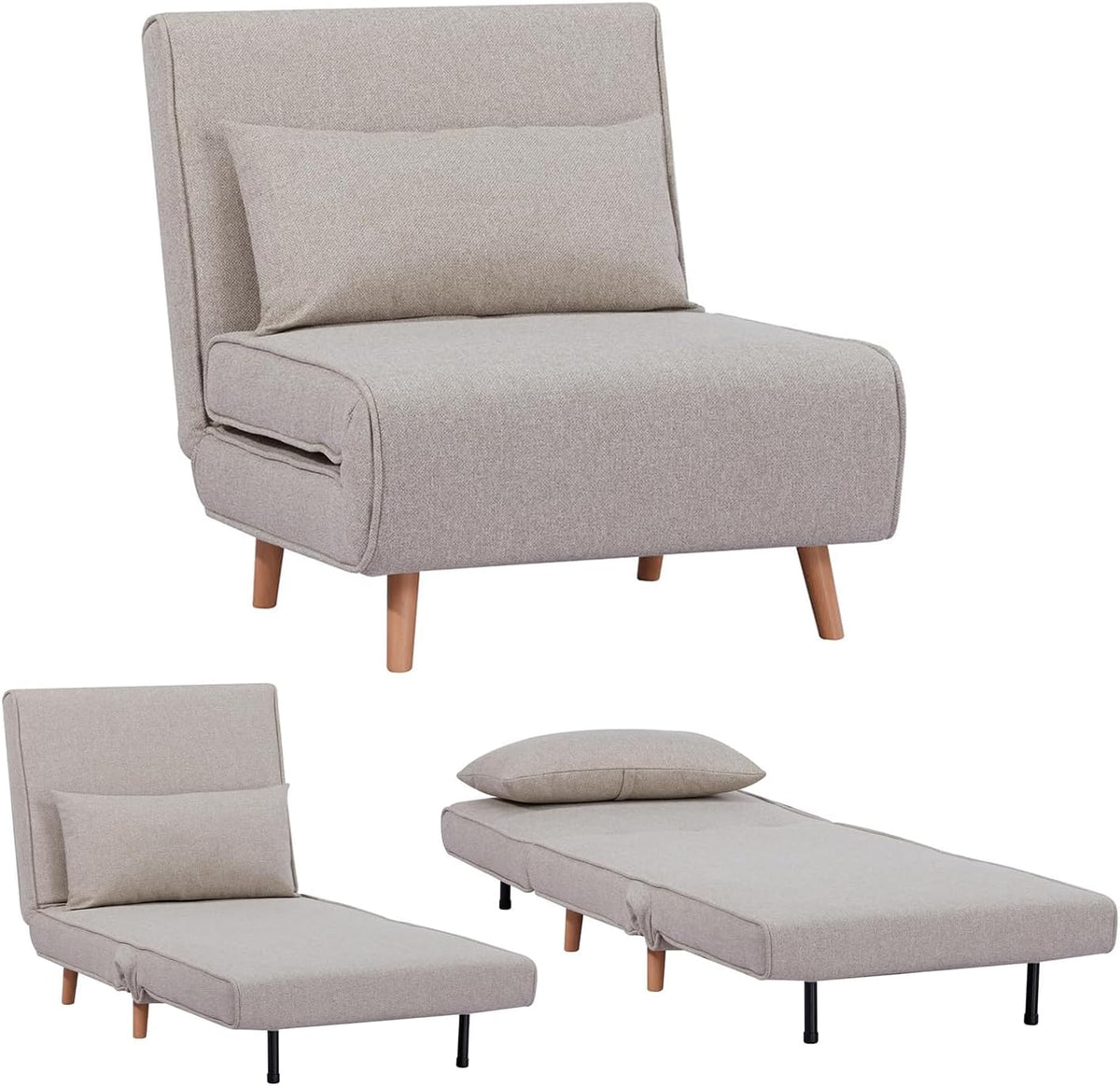 Divano EVERGREENWEB MATERASSI & BEDS, con cuscino, regolabile, pieghevole, con poggiapiedi, Beige, legno, tessuto, per soggiorno