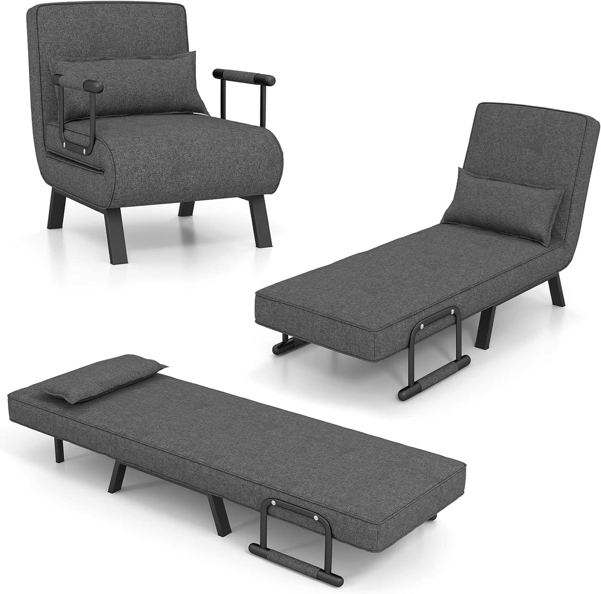 Poltrona letto Goplus, 4 in 1, metallo, lino, Grigio scuro, con cuscino, con funzione letto, regolabile, pieghevole, con braccioli, per ufficio