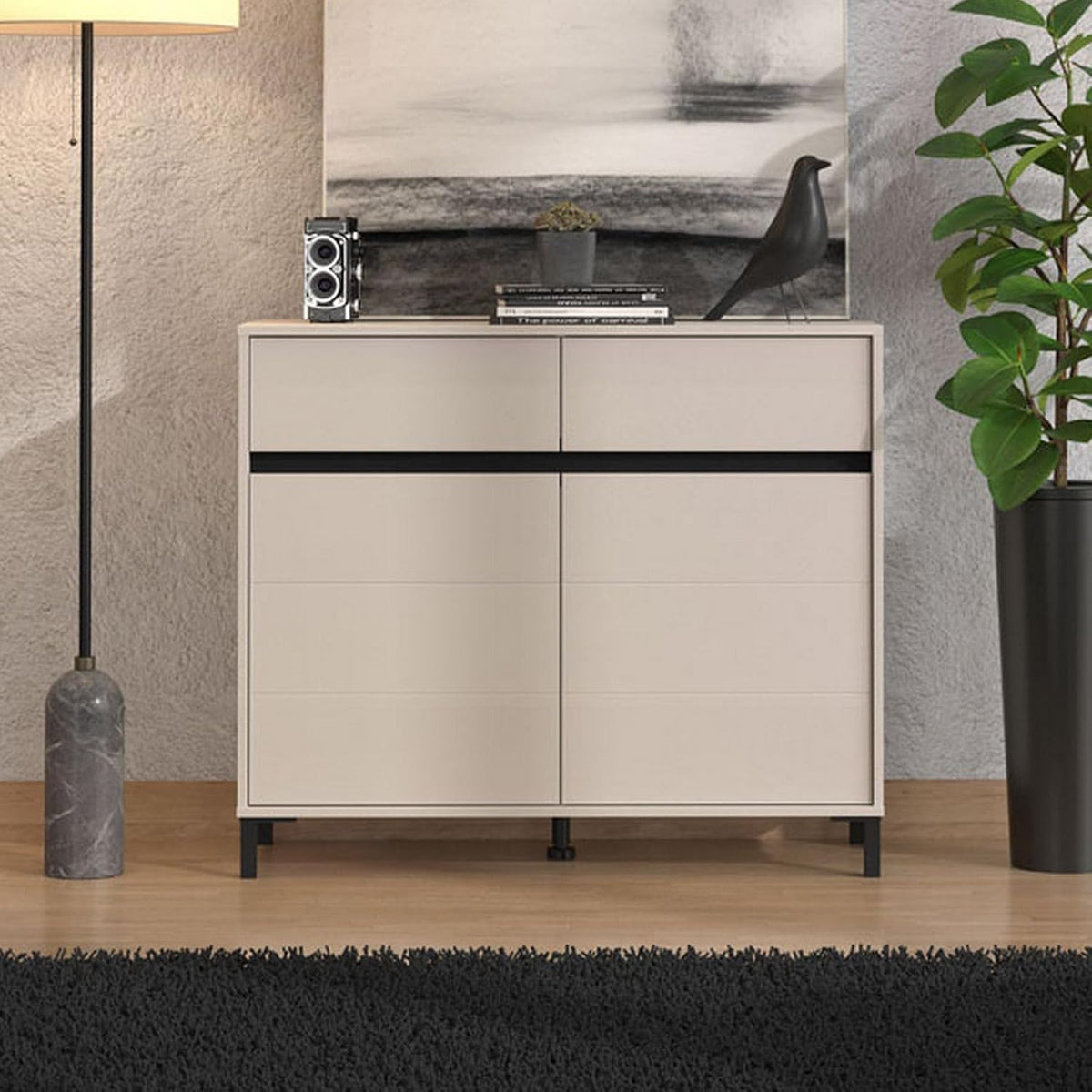 Credenza Dmora, 2 cassetti, 2 ripiani, 106 × 40 × 90 cm, legno, Crema, per soggiorno