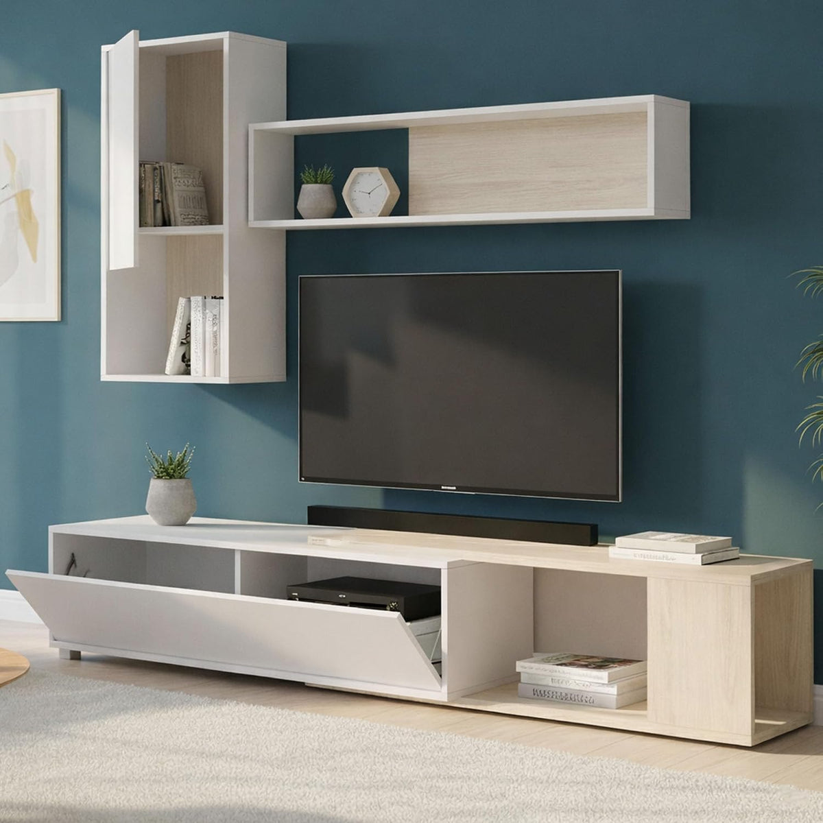 Parete attrezzata Dmora, 41 × 230 × 180 cm, Bianco, 4 ripiani, legno