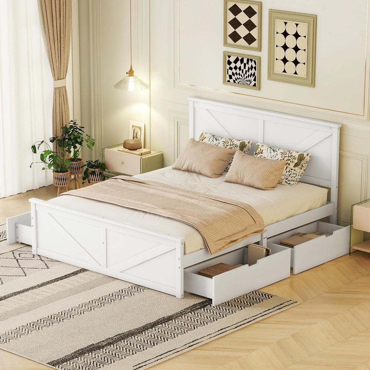 Letto KUAKE, matrimoniale, 205 × 168 × 98 cm, legno massello, MDF, Bianco, con rete a doghe, per camera da letto