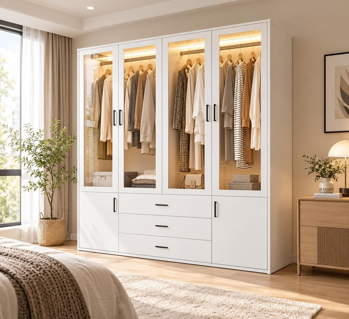Armadio guardaroba BIYFSDS, 160 × 52 × 182 cm, Bianco, 4 ante, 3 cassetti, vetro, per camera da letto