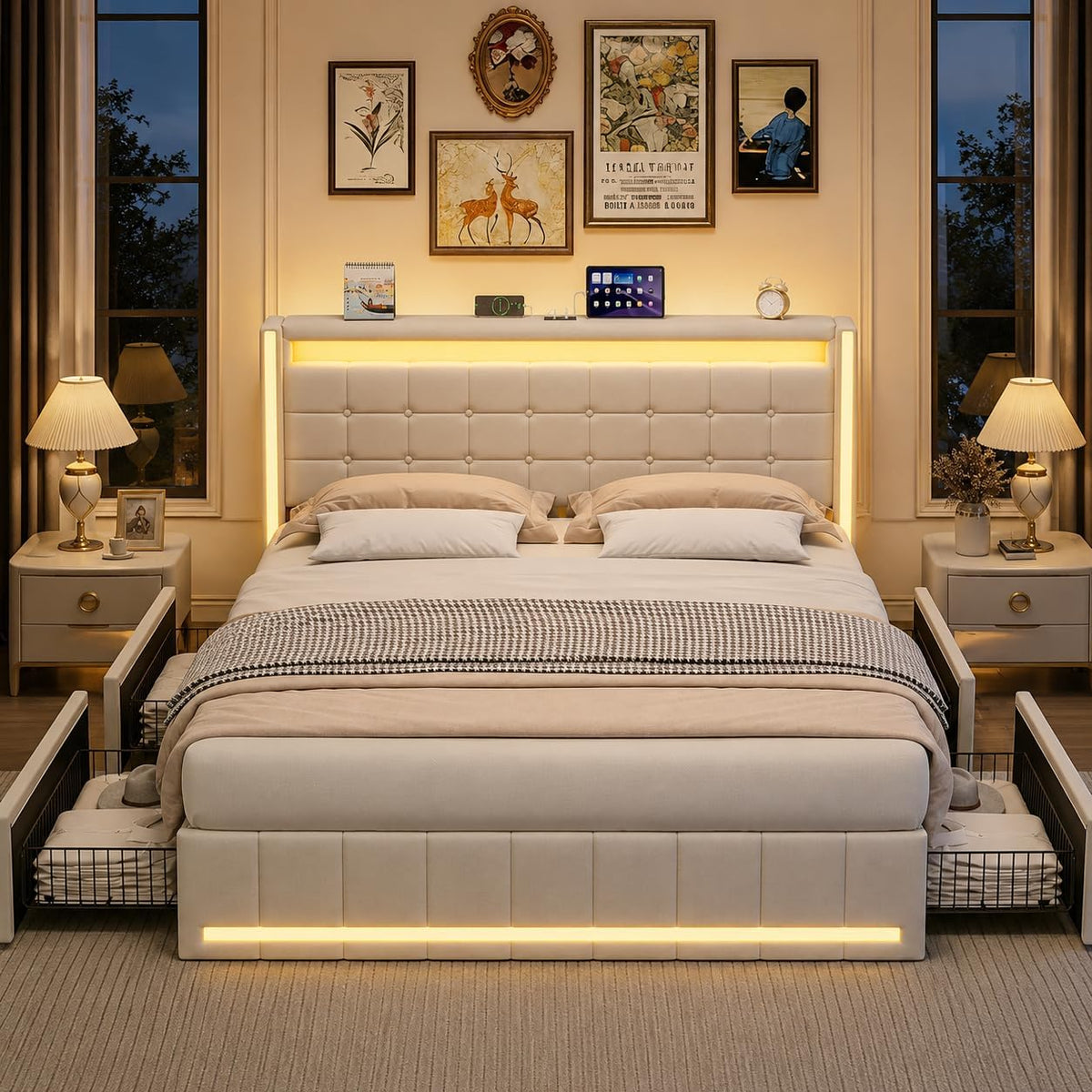 Struttura letto BRILVERDE, 4 cassetti, matrimoniale, Beige, 180 × 200 cm, lino, con testiera, con contenitore, con rete a doghe, imbottito