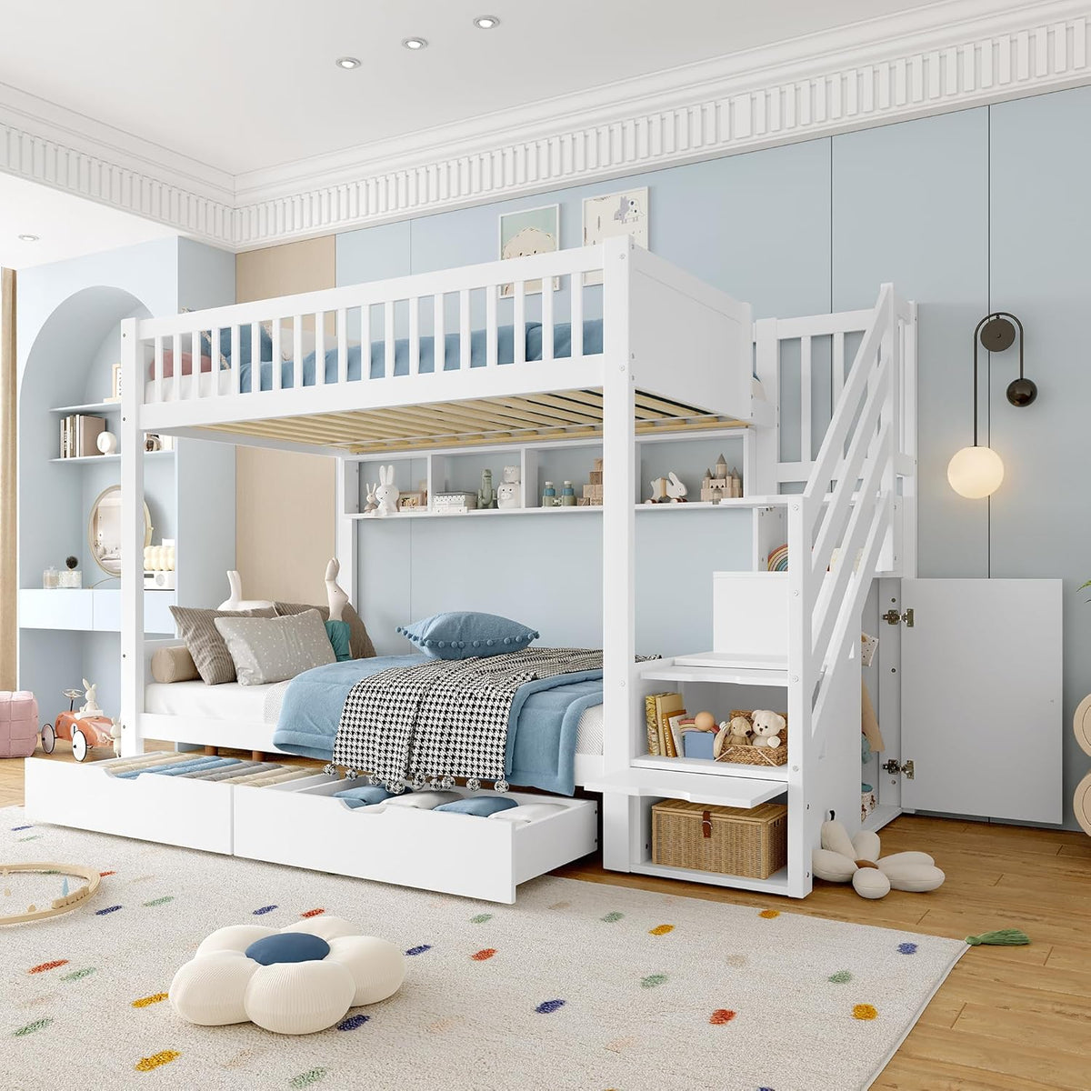 Letto a castello Huayz, 90 × 200 cm, legno, Bianco, per camera da letto, con scale, con cassetto e scaffale