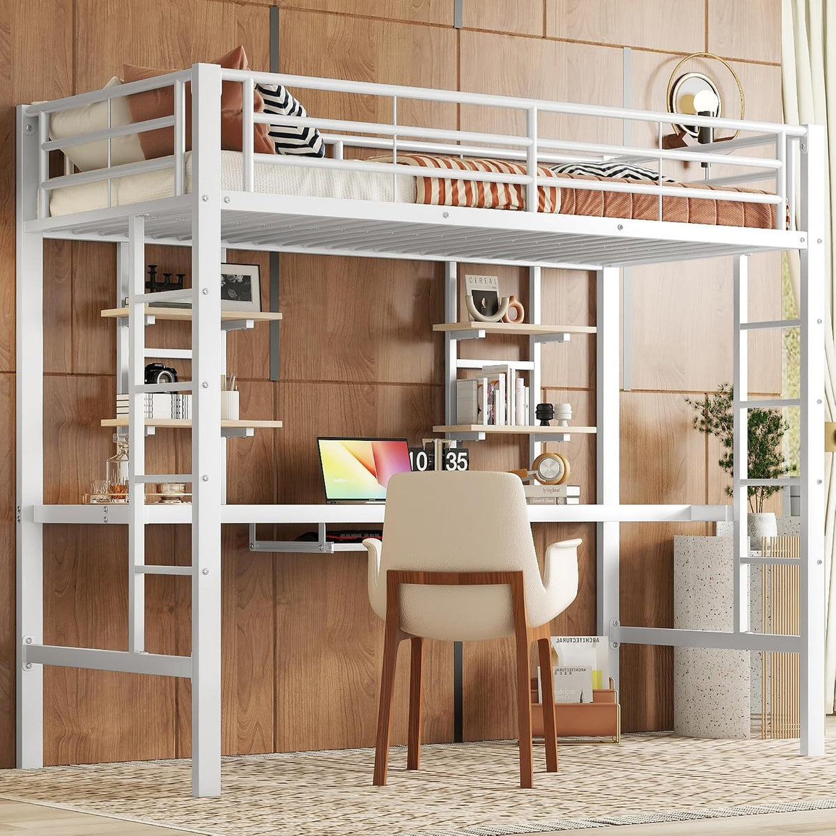 Letto a soppalco Moimhear, 90 × 200cm, Bianco, metallo, per camera da letto