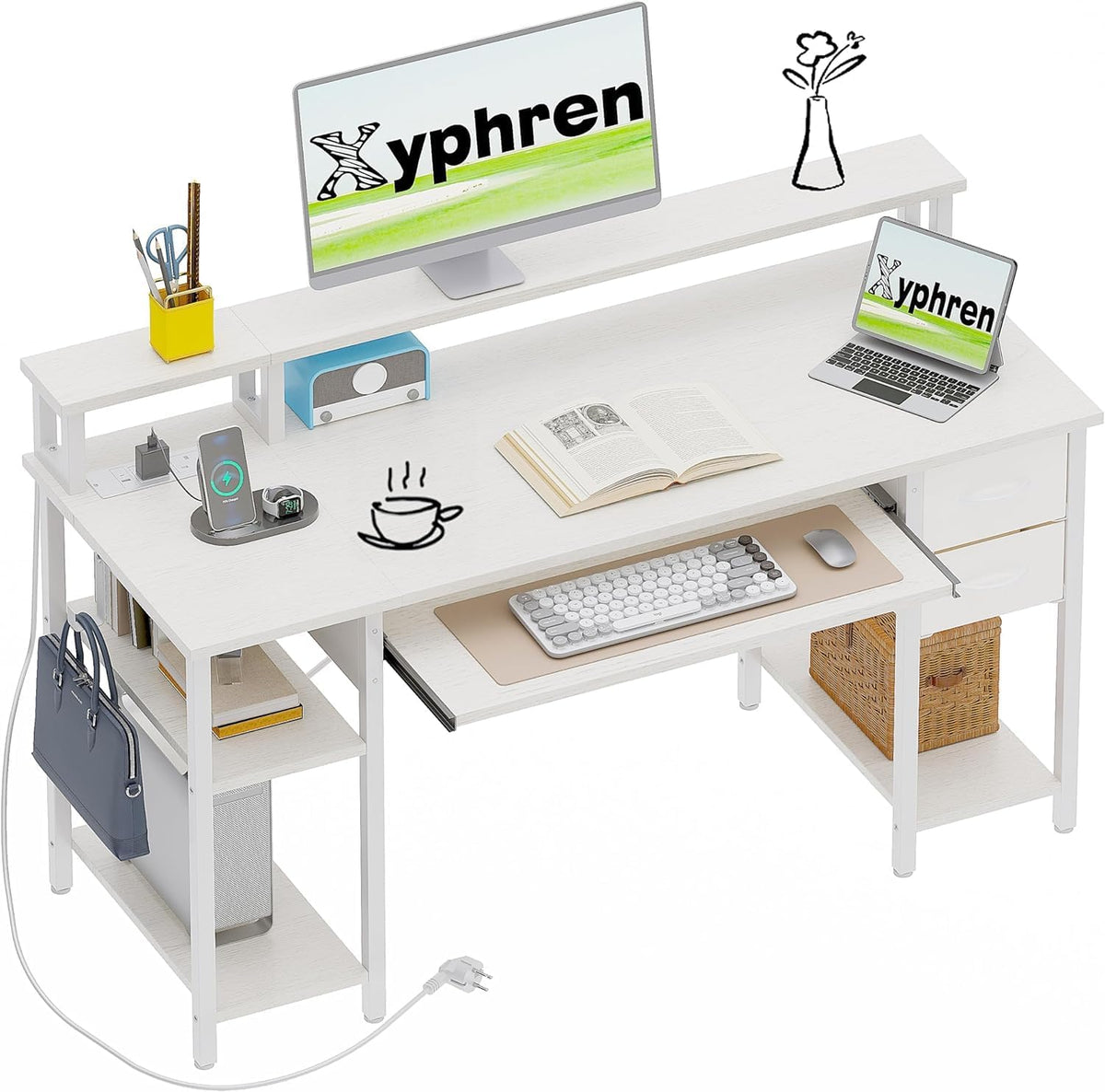 Scrivania Xyphren, 2 cassetti, 140 × 50 cm, tessuto, Bianco, regolabile, con porta USB, per ufficio