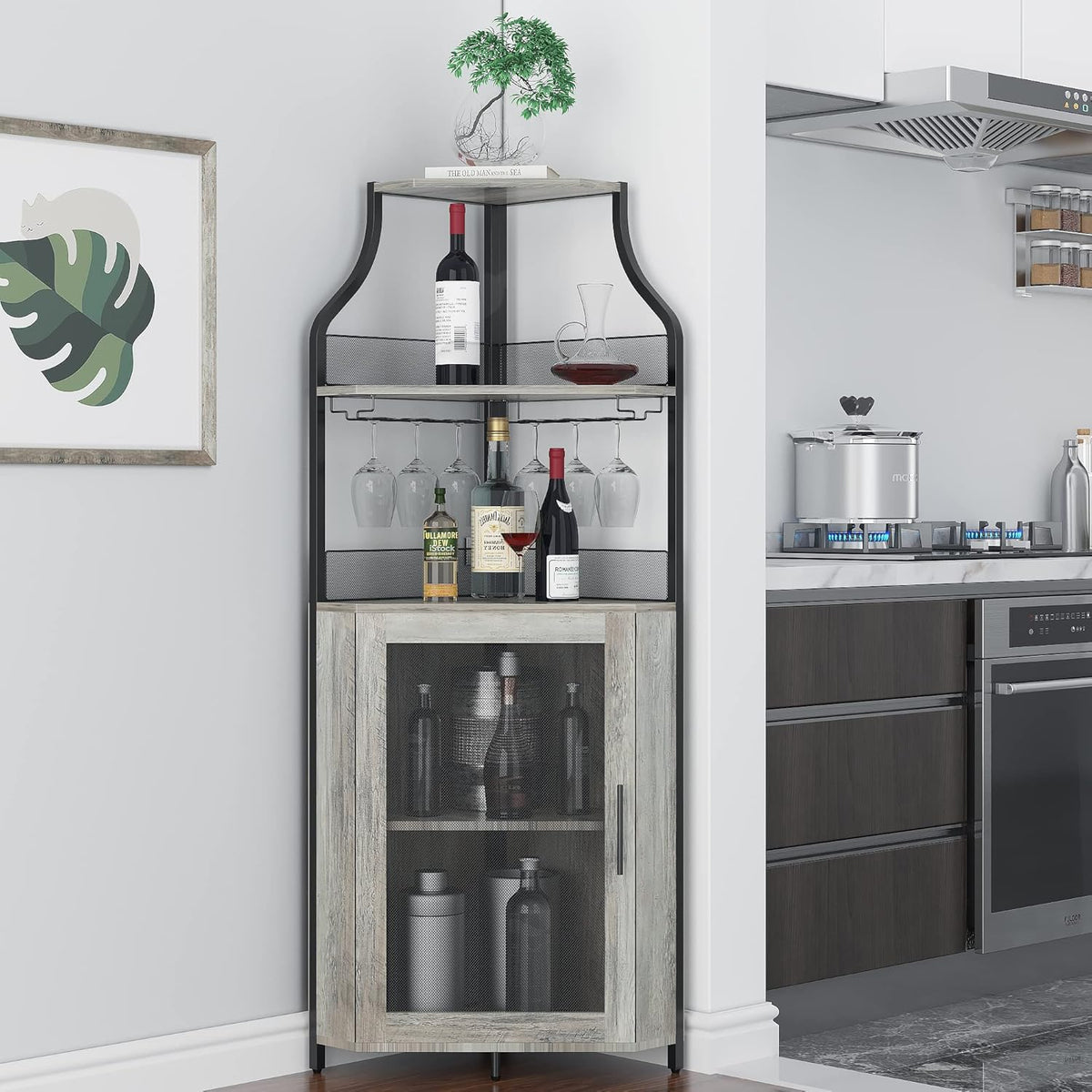 Credenza GarveeHome, Grigio, 5 ripiani, regolabile, metallo, vetro, per soggiorno