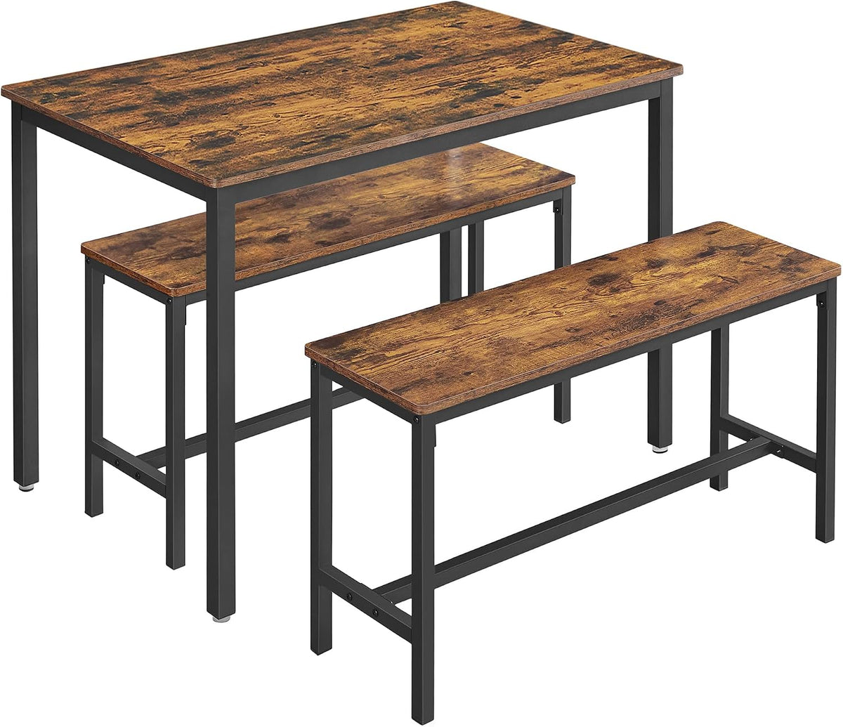 VASAGLE Set da pranzo, KDT070B01, 70 × 110 × 75 cm, 30 × 97 × 50 cm, set di 3 pezzi, Marrone/Nero, acciaio, per sala da pranzo e cucina