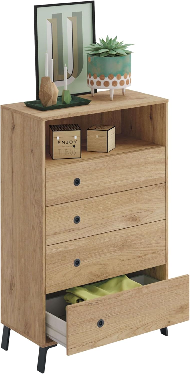 Miroytengo Cassettiera, 4 cassetti, 120 × 75 × 40 cm, Rovere/Oro, per camera da letto