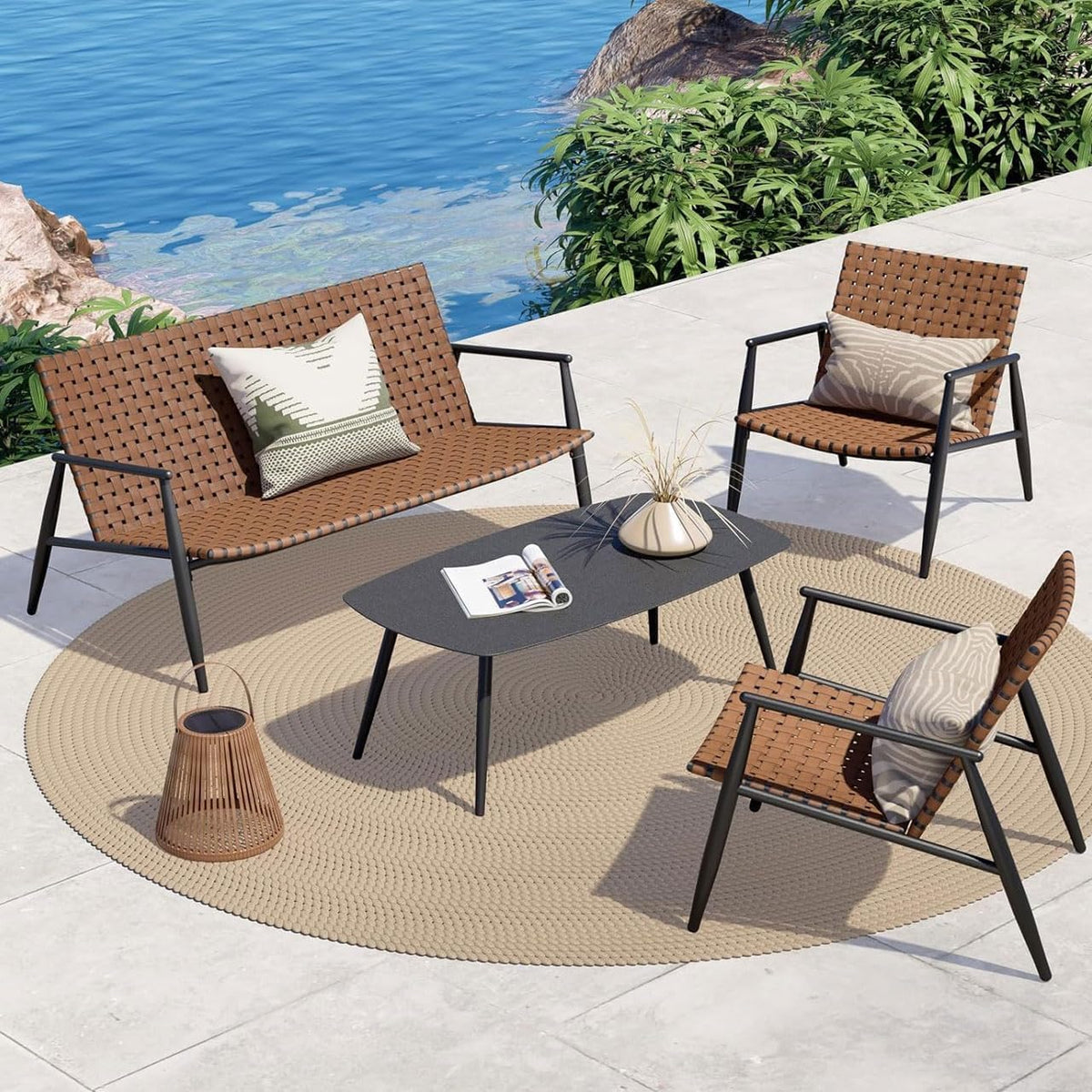 Set di mobili da giardino Shally Dogan, 4 pezzi, 4 posti, Nero, rattan, vetro, per giardino e terrazzo