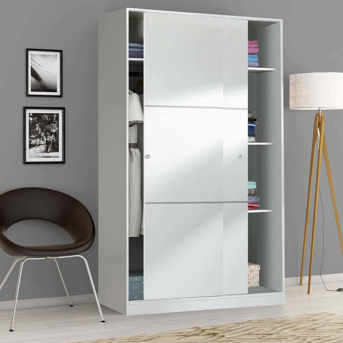 Dmora Armadio guardaroba, 2 ante, 4 ripiani, Bianco, per camera da letto