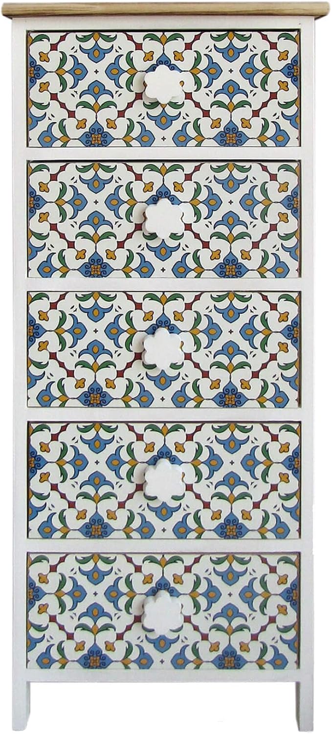 Rebecca Mobili Cassettiera, RE6498, 5 cassetti, 93 × 40 × 30 cm, Bianco/Blu, legno, per soggiorno e sala da pranzo
