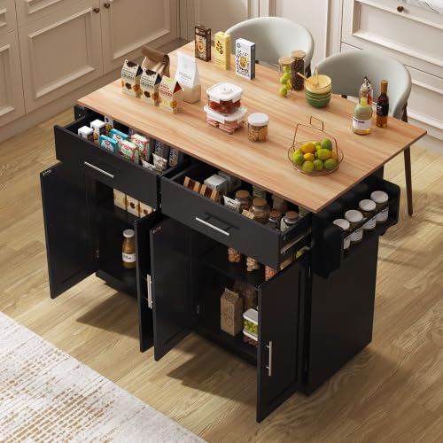 Isola da cucina Huayz, pieghevole, con ruote, Nero, legno, per sala da pranzo e cucina