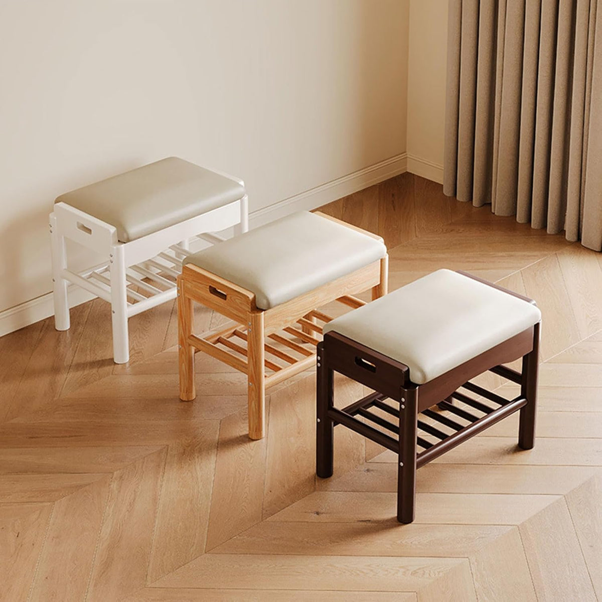 Scarpiera con panca, 2 ripiani, Noce/Bianco, legno, similpelle, con cuscino