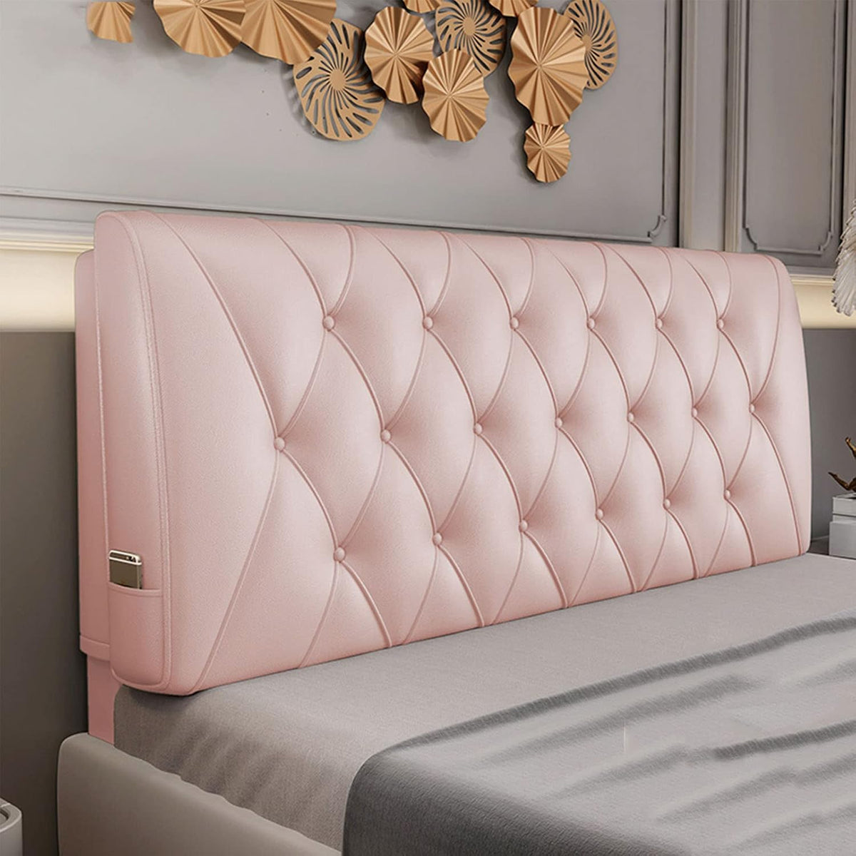 Cuscino per testiera 150 cm Rosa, trapuntato con bottoni, rivestimento in ecopelle, imbottitura in spugna, per letto matrimoniale
