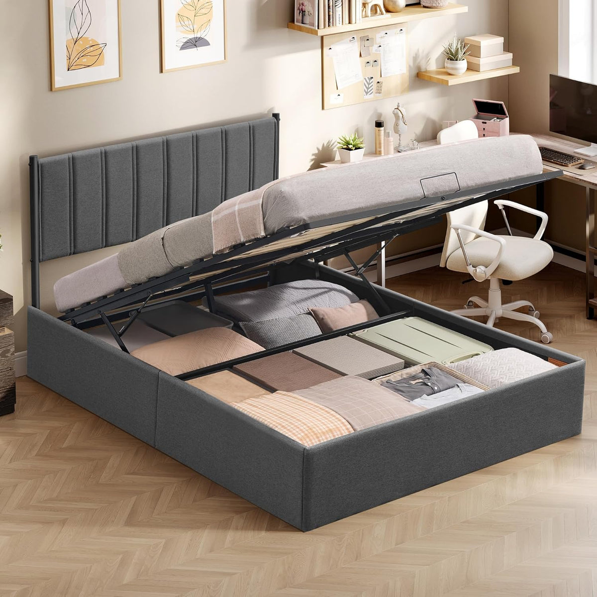 VASAGLE Letto, RMB614G02, 140 × 200 cm, Grigio scuro, con contenitore, legno, per camera da letto