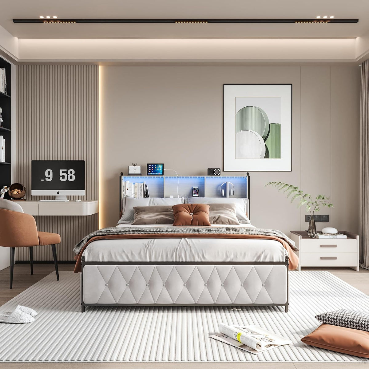 Struttura letto CDQL, con rete a doghe, con porta USB, imbottito, 160 × 200 cm, 4 cassetti, matrimoniale, Beige, velluto, per camera da letto