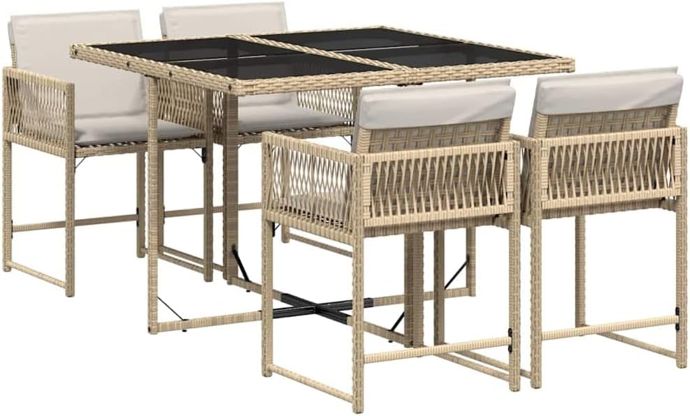 vidaXL Set da pranzo, 5 pezzi, Beige, rattan, con cuscini, per giardino e terrazzo