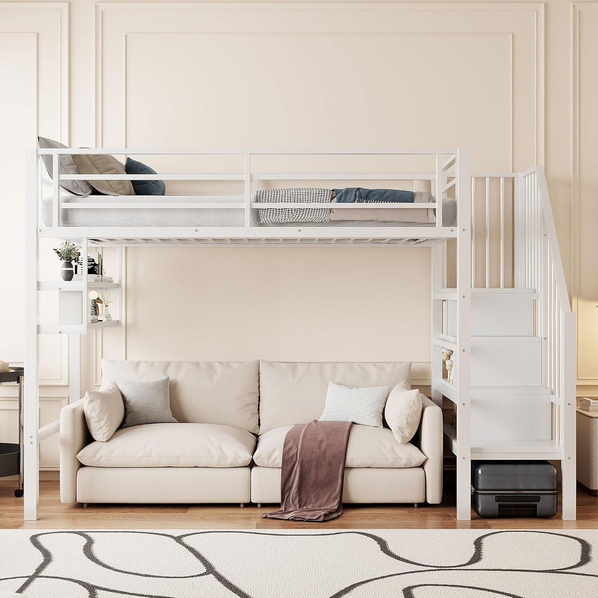 Moimhear Letto a soppalco 90 × 200 cm Bianco, metallo e MDF, con scala contenitore e ripiani, senza materasso
