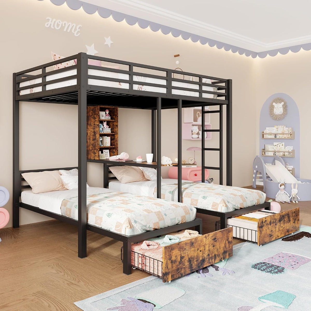 Letto a castello NNJN, 140 × 200 cm, 90 × 200 cm, Nero, 2 cassetti, MDF, materasso non incluso, per camera da letto